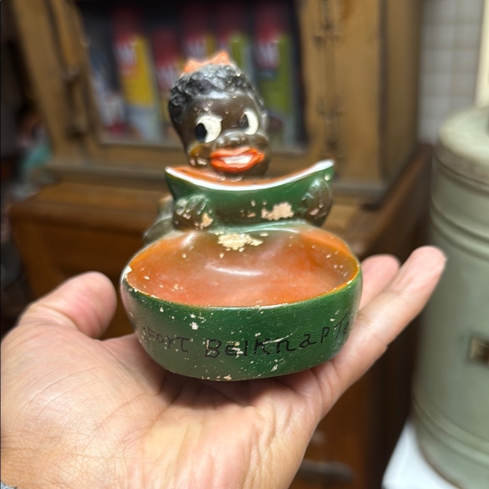 Vintage Ceramic Bird Feeder with Green and Orange Accents